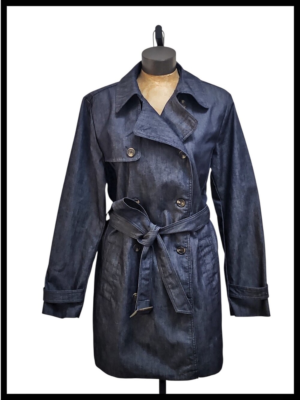 GAP 1969 Vintage Style 3/4 Denim Trench Coat Belted Dark Blue Rinse Large Tall